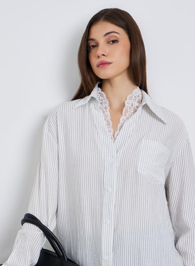 Styli Women White Pinstripe Oversized Shirt with Lace Trim - Image 1